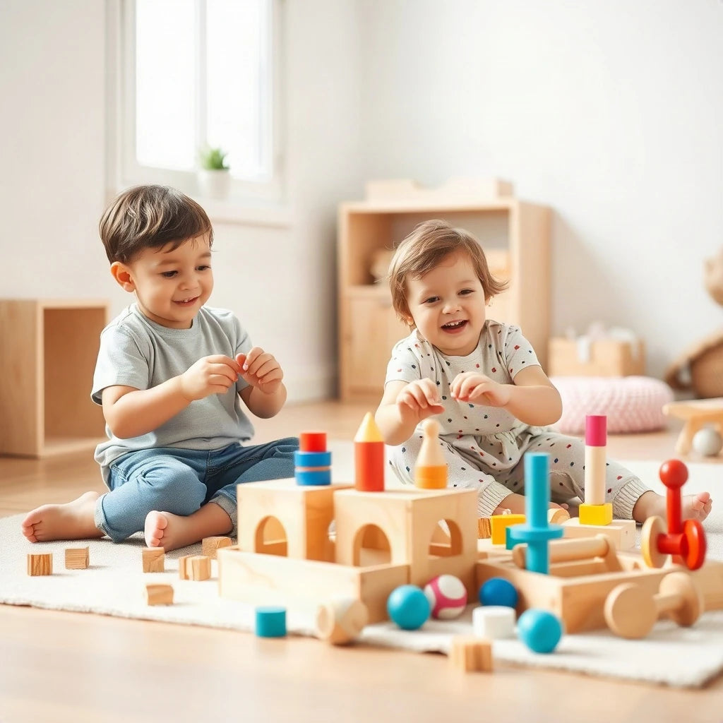 Two children playing with colorful wooden toys