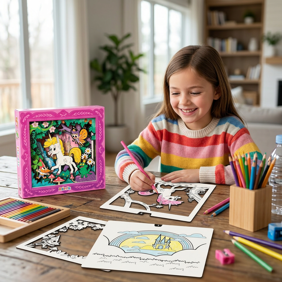 Child coloring a DazziL creative activity kit