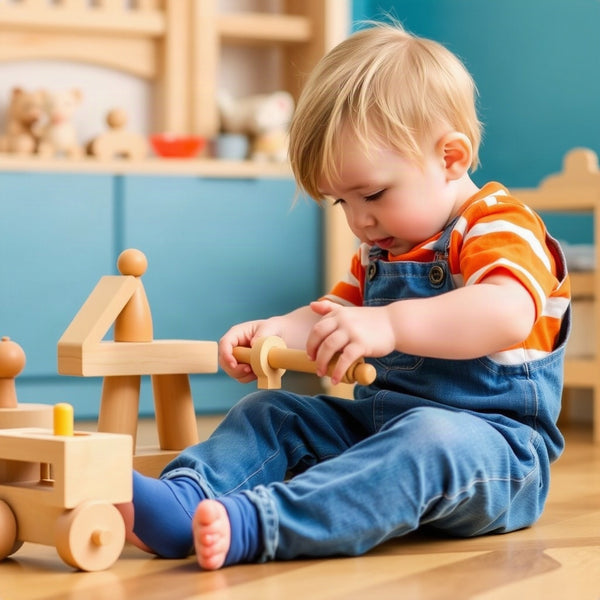 Child playing with wooden toys