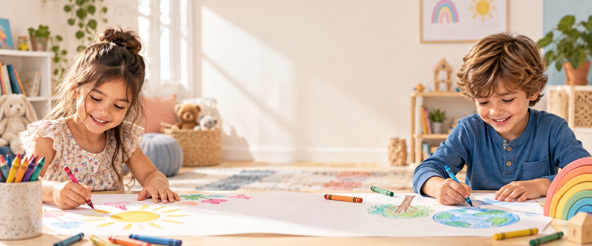 Children drawing and coloring together in a bright playroom