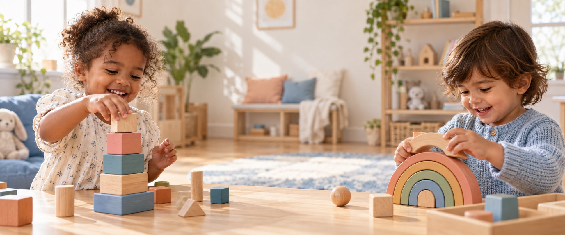 Two children exploring colorful wooden stacking toys together